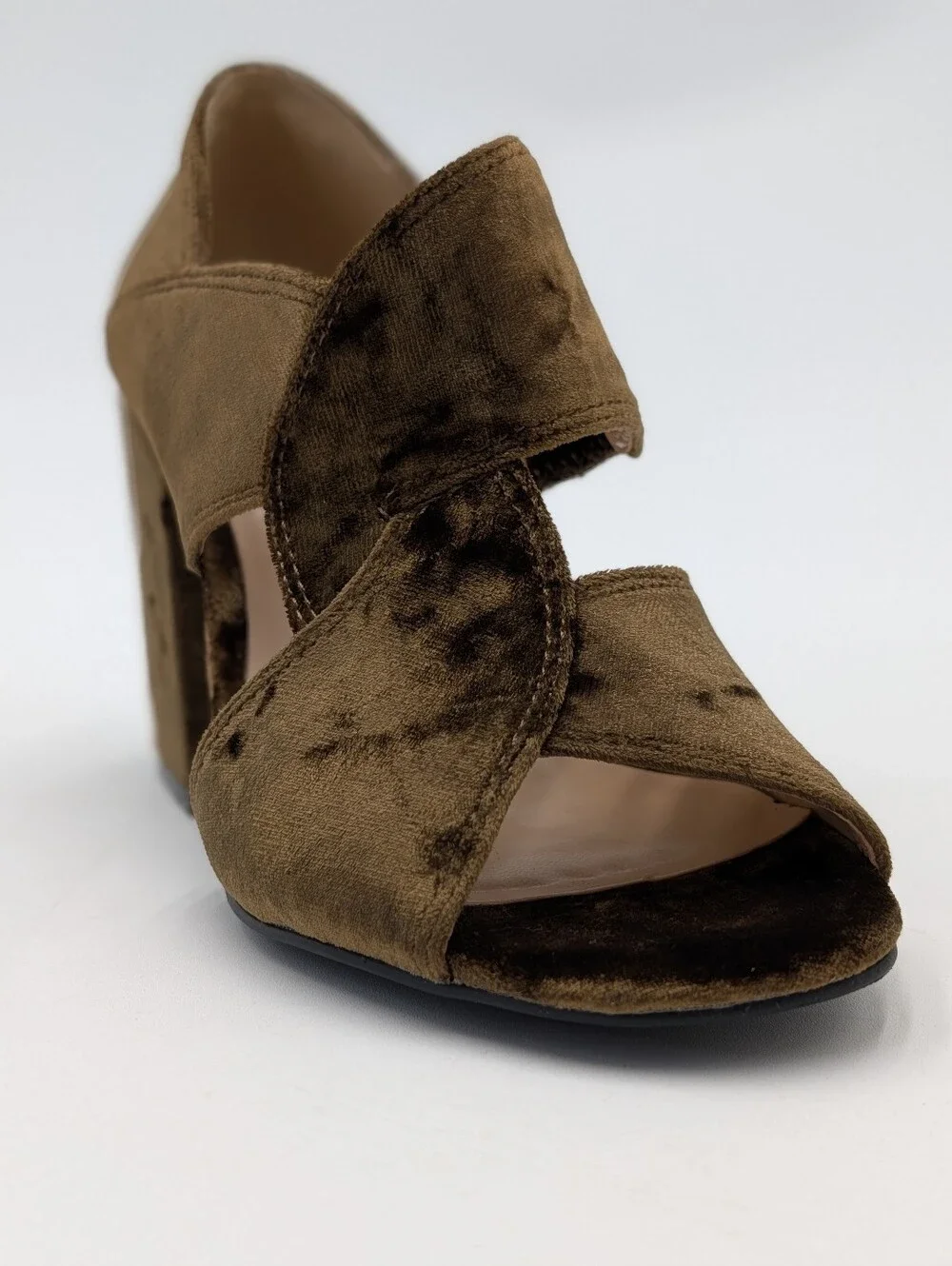 CAbi Interlock Sz 6 Crushed Velvet Sandal Olive Green Peep Toe Block Heel